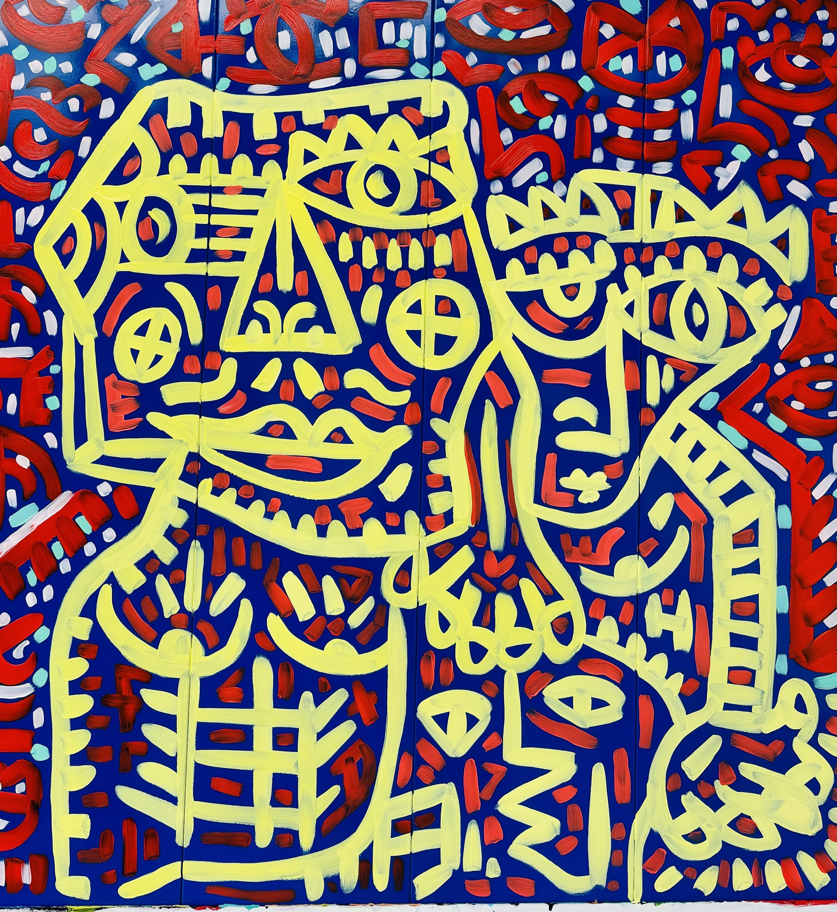 Dos rostros de trazo amarillo claro con ojos y bocas, sobre fondo azul oscuro cubierto de trazos rojos cortos. Sin título. Acrílico sobre hierro, 110 x 120 cm, 2024. Caracas. Nicolás Lapadula