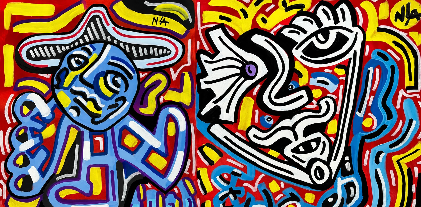 Dos escenas juntas: a la izquierda una figura azul con sombrero de ala ancha, a la derecha un rostro blanco y negro, sobre rojo y amarillo. Sin título. Acrílico sobre lienzo, 115 x 70 cm, 2026. Miami. Nicolás Lapadula