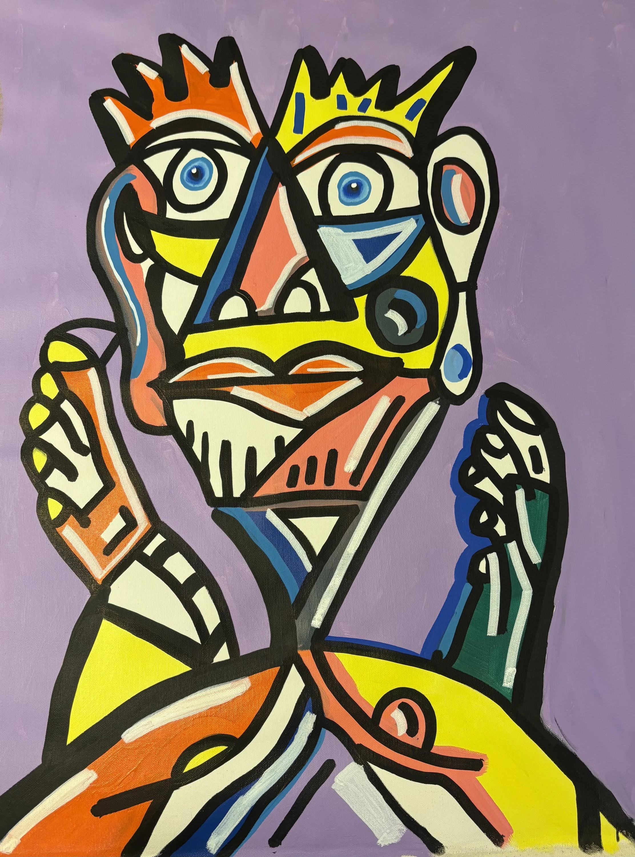 Figura de rostro amarillo y corona naranja, con ojos azules y manos alzadas, sobre fondo lila liso. Sin título. Acrílico sobre lienzo, 65 x 40 cm, 2026. Caracas. Nicolás Lapadula