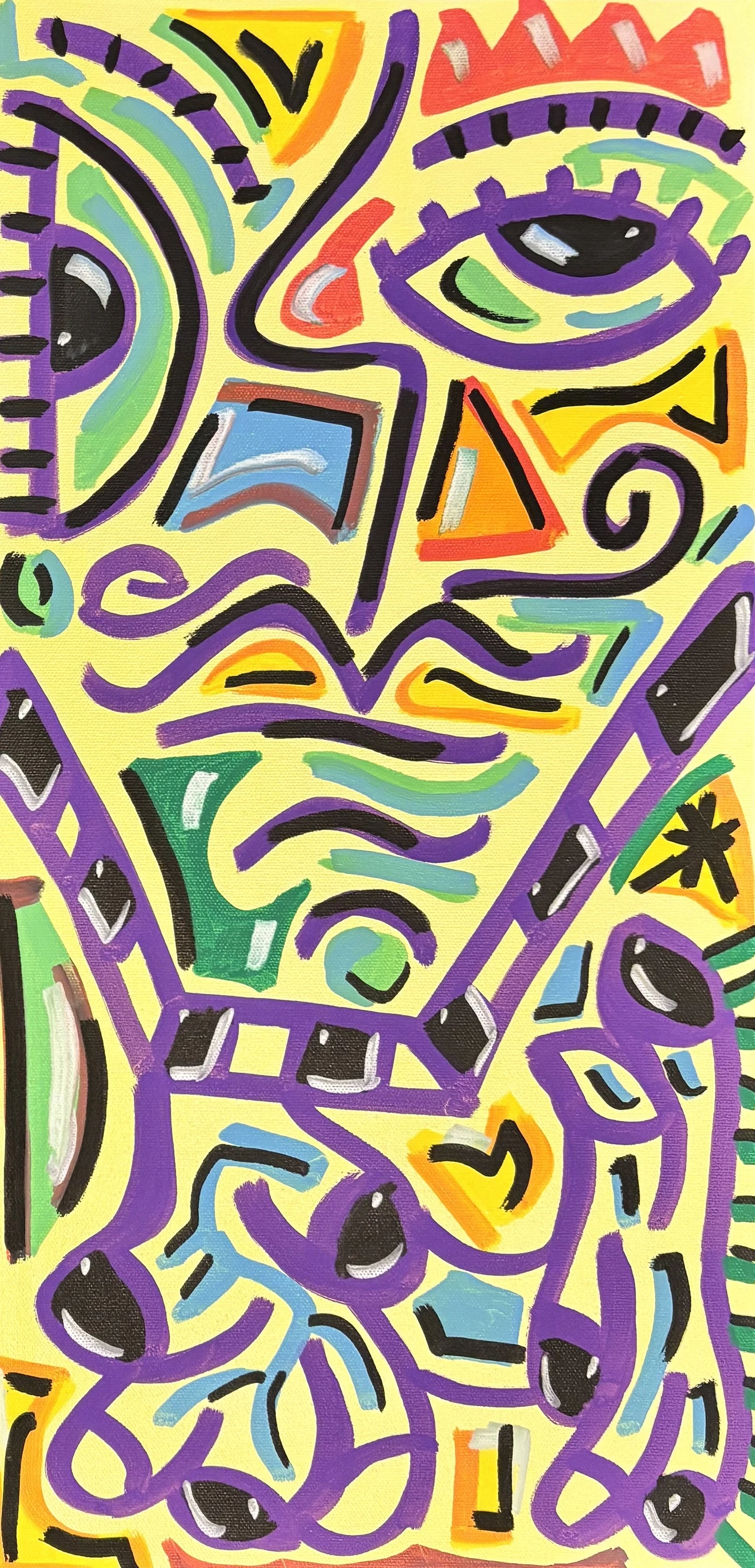 Rostro de trazo violeta sobre fondo amarillo pálido, con un ojo grande, boca ondulada y relleno verde, azul y naranja. Sin título. Acrílico sobre lienzo, 51 x 25 cm, 2025. Panamá. Nicolás Lapadula