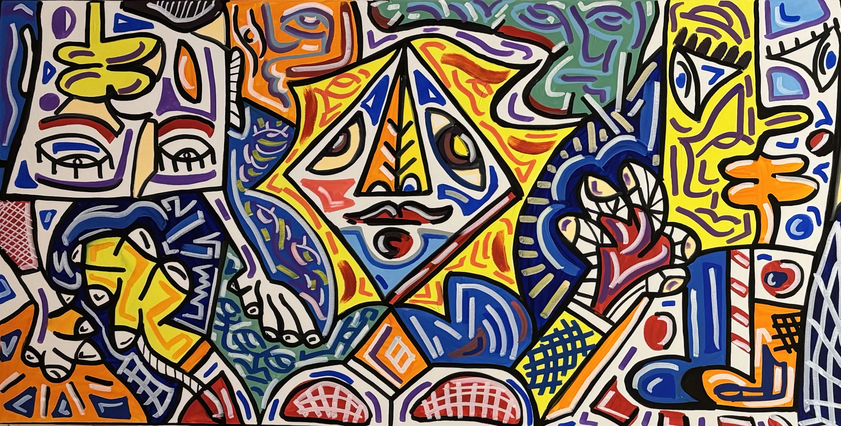 Rostro en rombo amarillo y azul al centro, rodeado de otros rostros, manos y redes en colores saturados con contornos negros gruesos. Sin título. Acrílico sobre lienzo, 123 x 61 cm, 2025. Panamá. Nicolás Lapadula