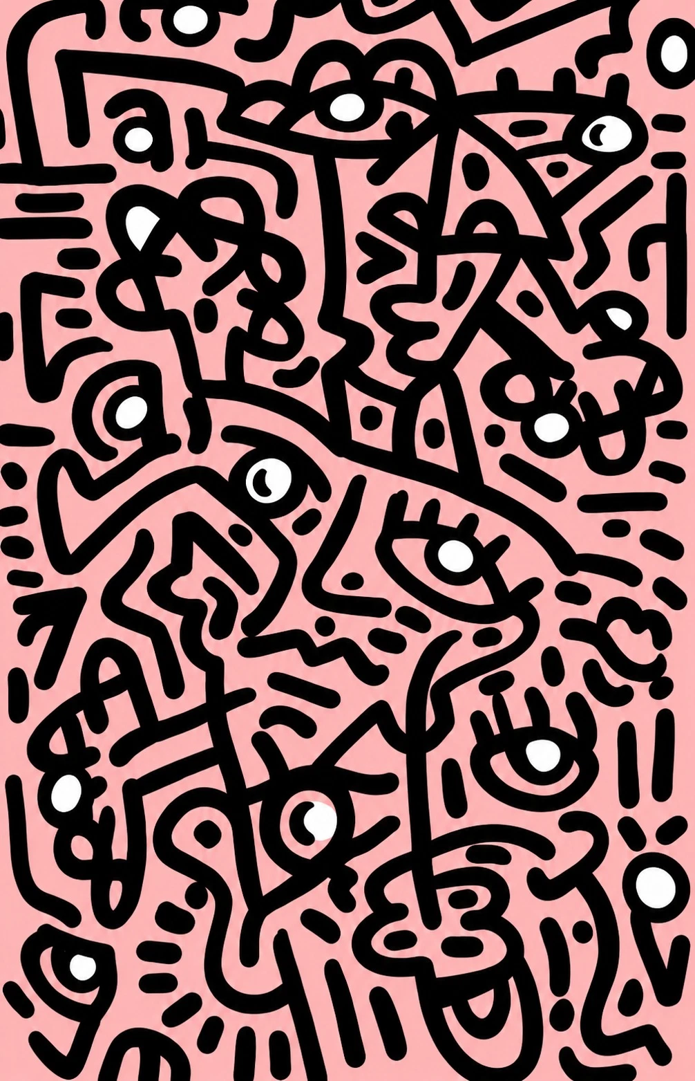 Rostros y ojos entrelazados en trazo negro grueso sobre un fondo rosa liso, con pupilas blancas repartidas por toda la superficie. Sin título. Acrílico sobre lienzo, 65 x 35 cm, 2026. Miami. Nicolás Lapadula