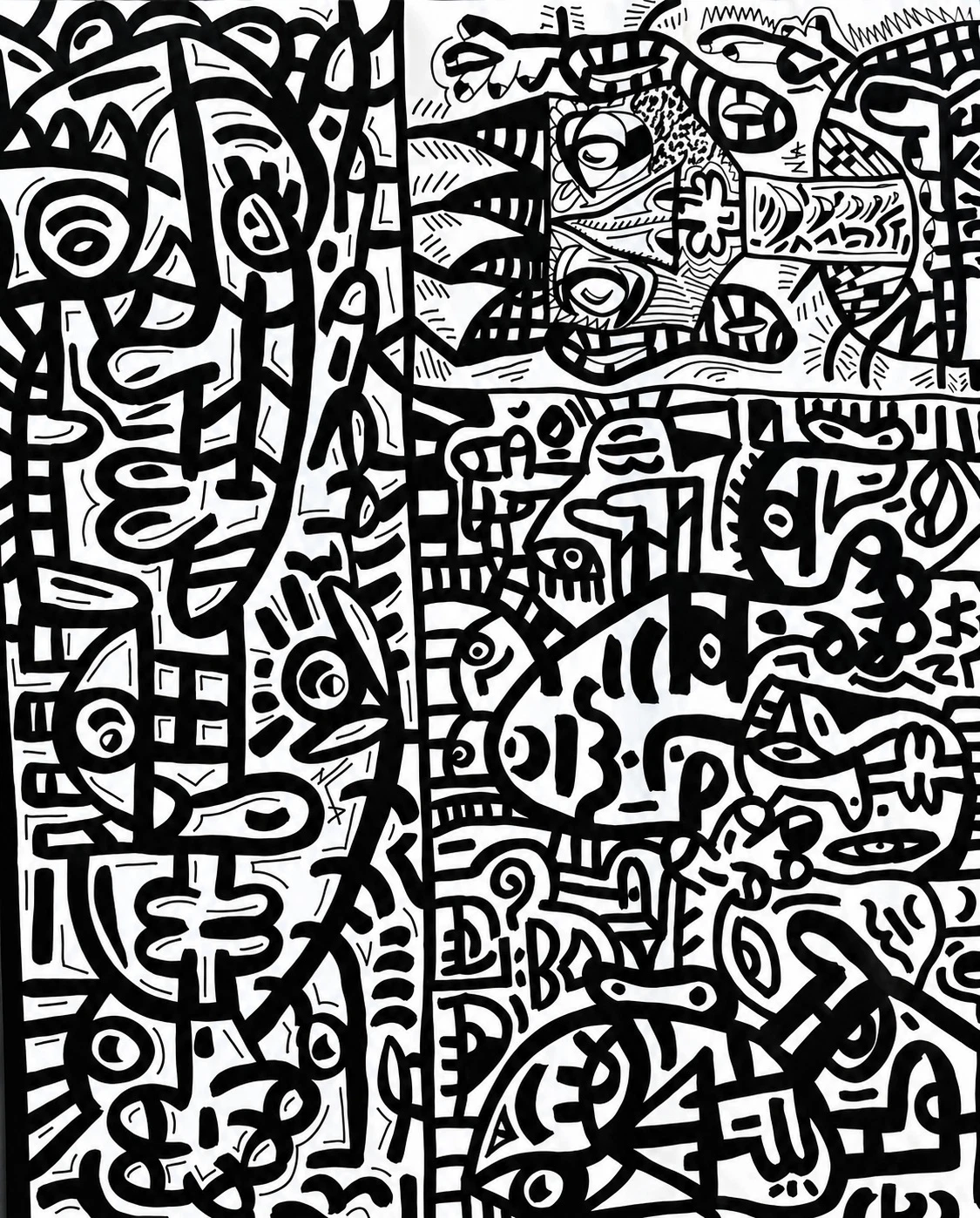 Composición en blanco y negro dividida en dos zonas: un rostro alargado a la izquierda y a la derecha un conjunto denso de rostros y patrones lineales. Sin título. Acrílico sobre lienzo, 125 x 158 cm, 2026. Miami. Nicolás Lapadula
