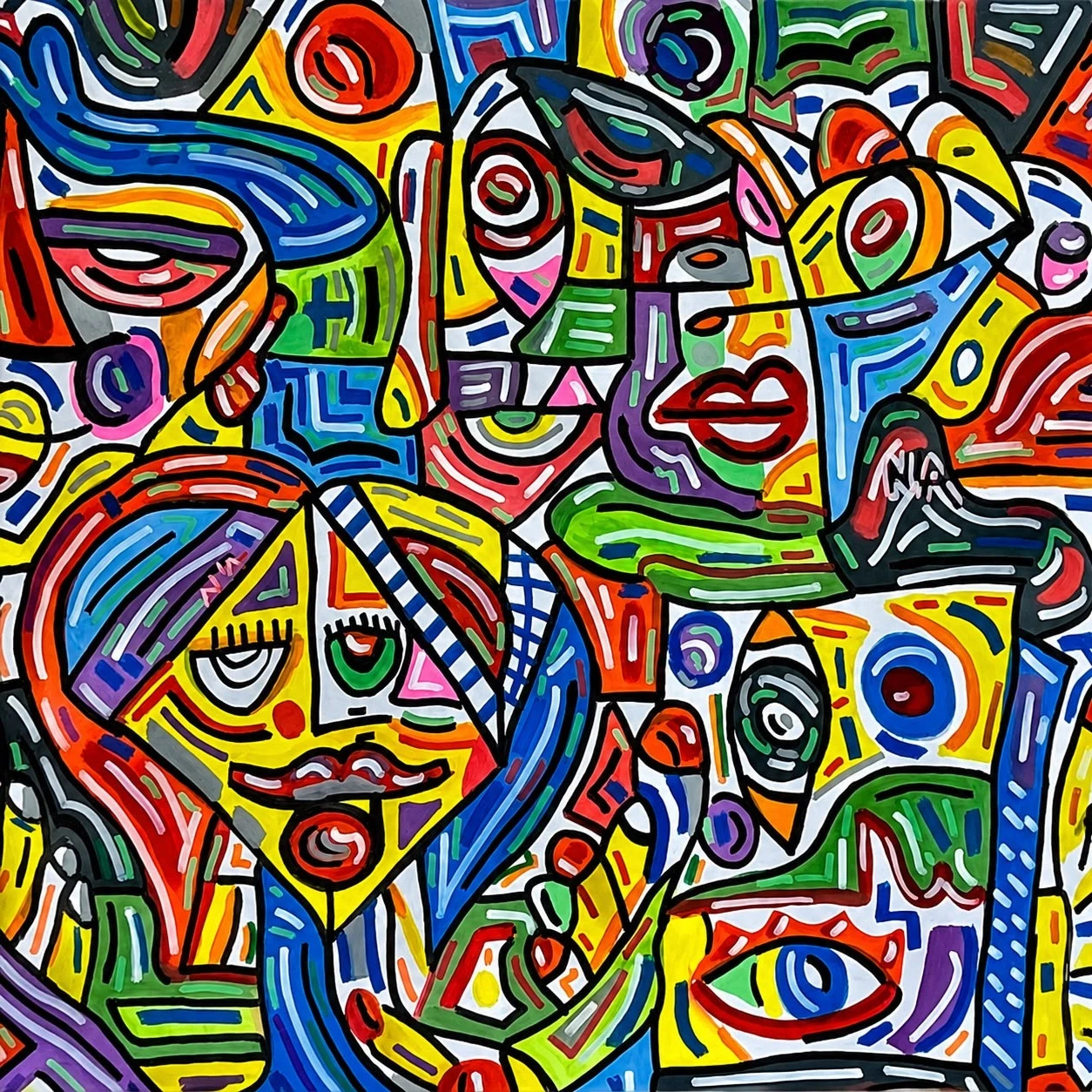 Varios rostros de rasgos grandes, con ojos, labios rojos y rombos, rellenos de rojo, verde, azul, amarillo y violeta con líneas finas blancas. Sin título. Acrílico sobre lienzo, 150 x 150 cm, 2026. Miami. Nicolás Lapadula