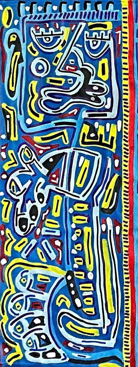 Formato vertical de fondo azul con dos rostros de líneas celestes, trazos amarillos y detalles rojos, y una franja amarilla y roja a la derecha. Sin título. Acrílico sobre lienzo, 65 x 155 cm, 2026. Miami. Nicolás Lapadula