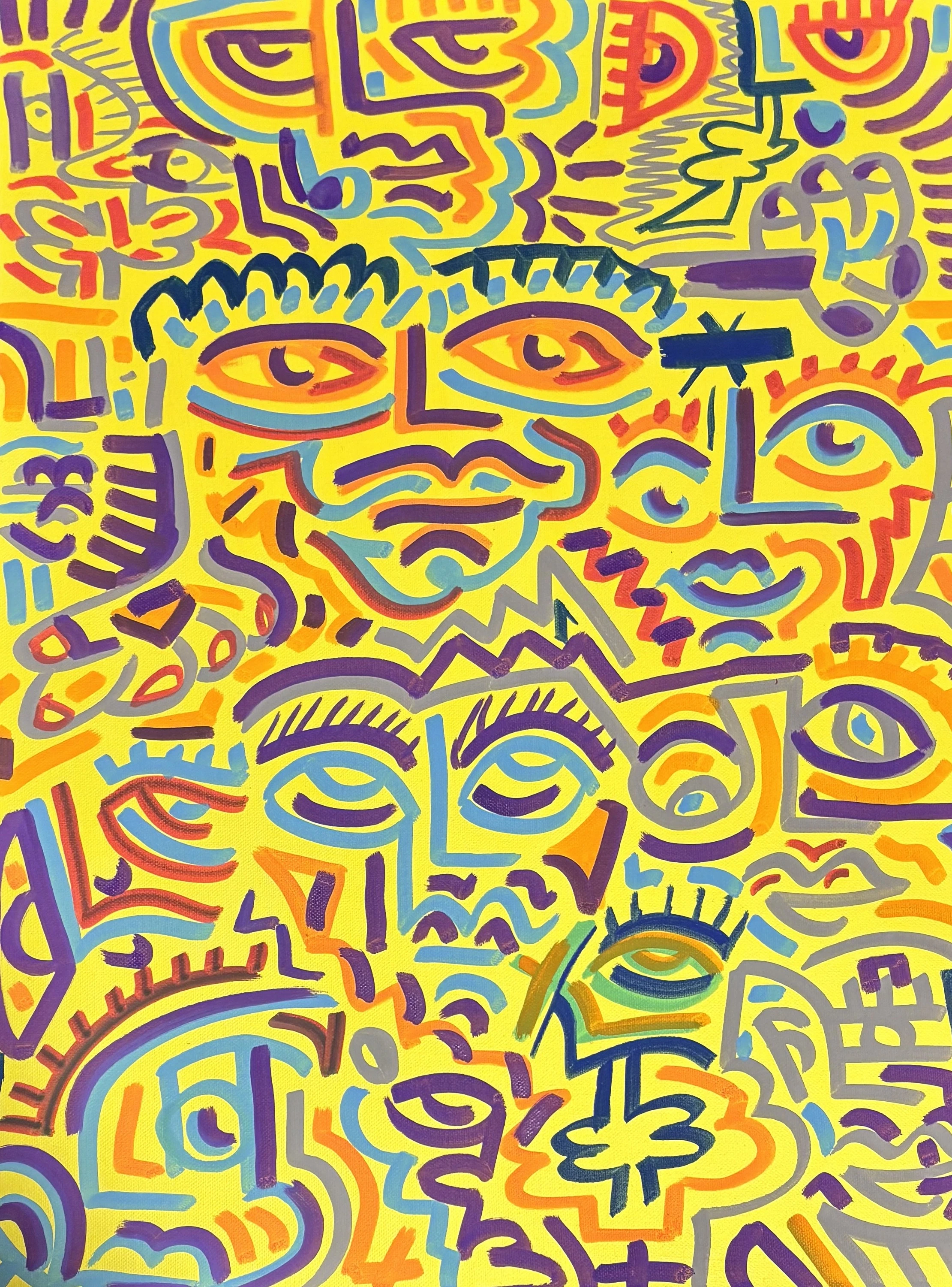 Rostros y ojos amontonados sobre fondo amarillo, dibujados con trazos delgados violeta, naranja, celeste y gris. Sociedad de Panamá. Acrílico sobre lienzo, 61 x 46 cm, 2025. Panamá. Nicolás Lapadula