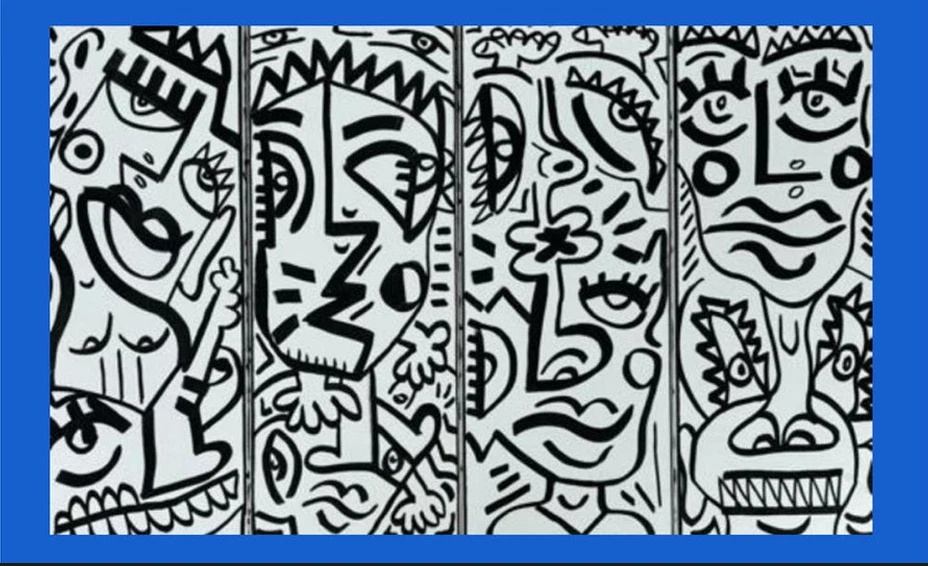 Tres paneles verticales con rostros muy coloridos de trazo negro, con candados, manos y formas geométricas en rojo, verde, azul y amarillo. Totems. Acrílico sobre lienzo, 20 x 50 cm, 2025. Miami. Nicolás Lapadula