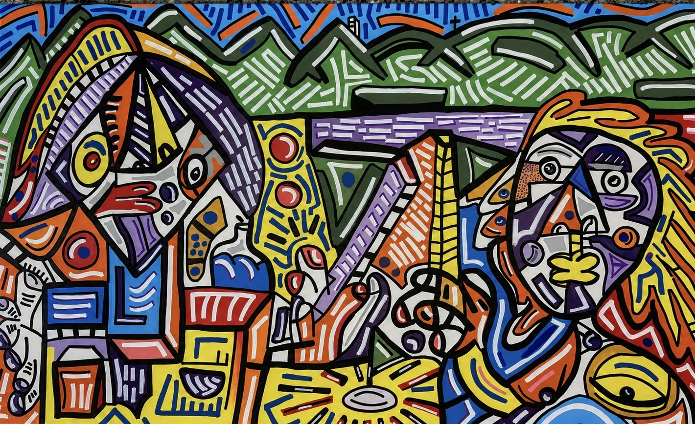 Dos grandes figuras de rostros geométricos a los lados, con montañas verdes arriba y objetos de mesa abajo, en azul, naranja, amarillo y violeta. Tragos después del Golf. Acrílico sobre lienzo, 260 x 150 cm, 2026. Caracas. Nicolás Lapadula