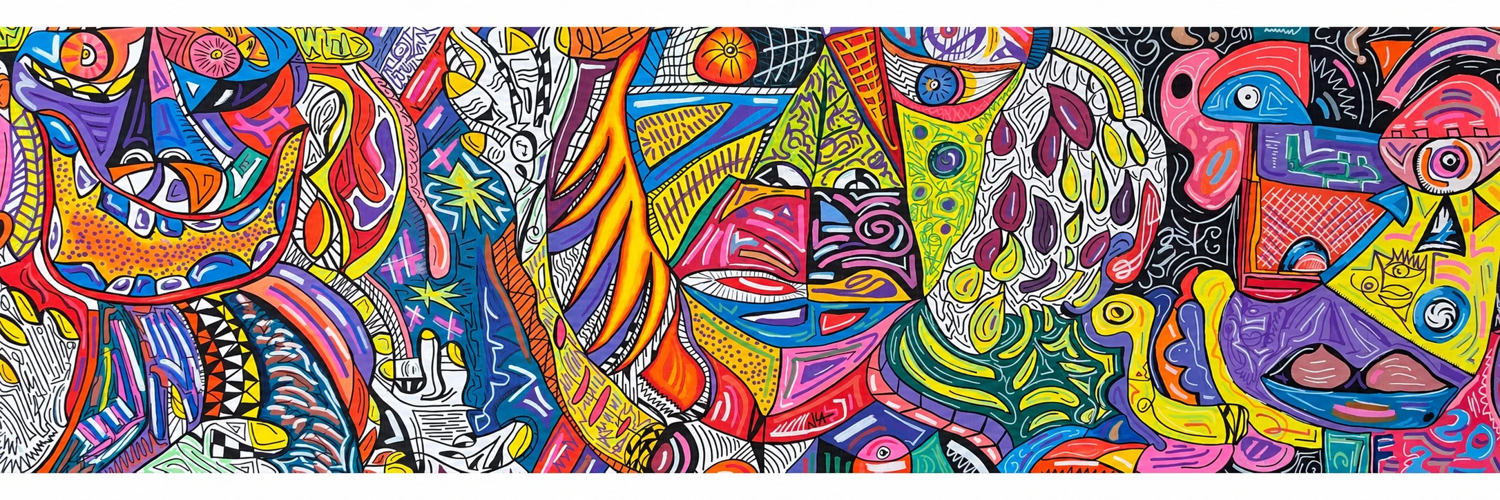 Banda horizontal de rostros y formas abstractas muy detalladas en rosa, naranja, verde, violeta y azul, con áreas de patrón fino blanco y negro. Trilogía. Acrílico sobre lienzo, 260 x 80 cm, 2026. Caracas. Nicolás Lapadula