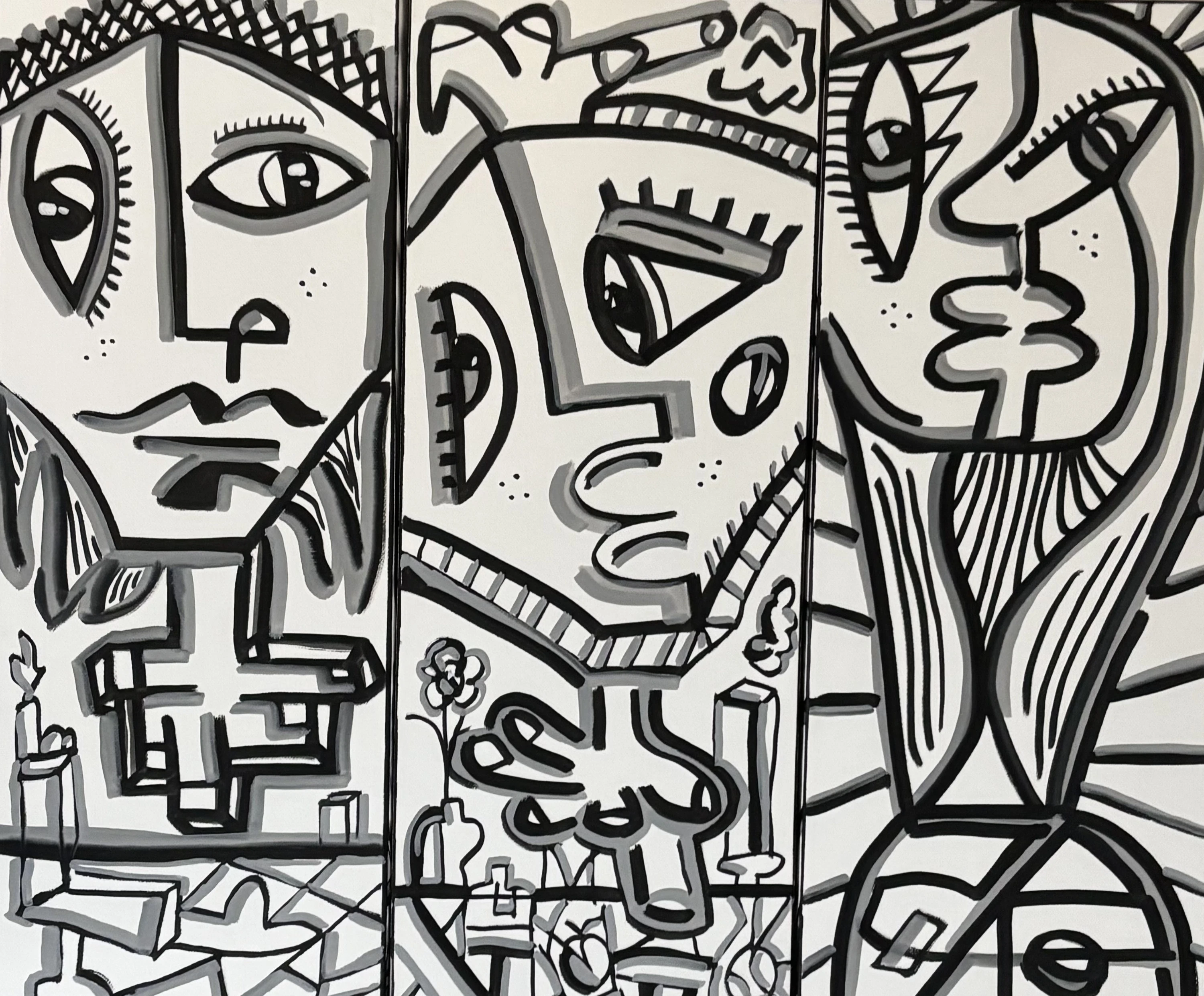 Tres rostros de perfil y de frente en paneles contiguos, con trazo negro y sombras grises sobre fondo blanco. Tríptico de Madrid. Acrílico sobre lienzo, 50 x 20 cm cada uno, 2025. Madrid. Nicolás Lapadula