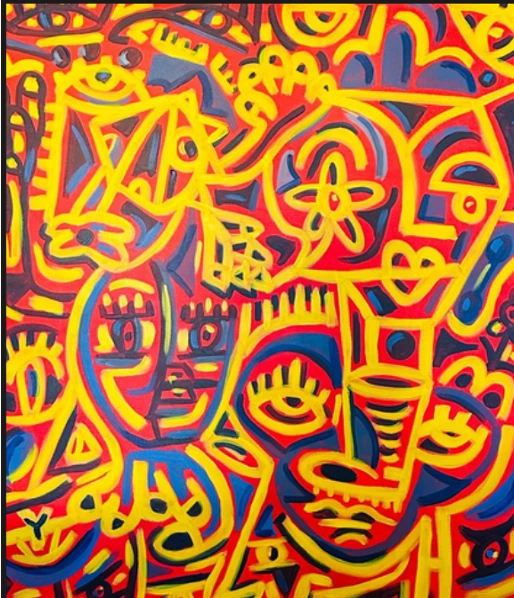Rostros, ojos y una flor en líneas amarillas gruesas sobre fondo rojo, con sombras azules. Venezuela 1. Acrílico sobre lienzo, 162 x 130 cm, 2025. Madrid. Nicolás Lapadula