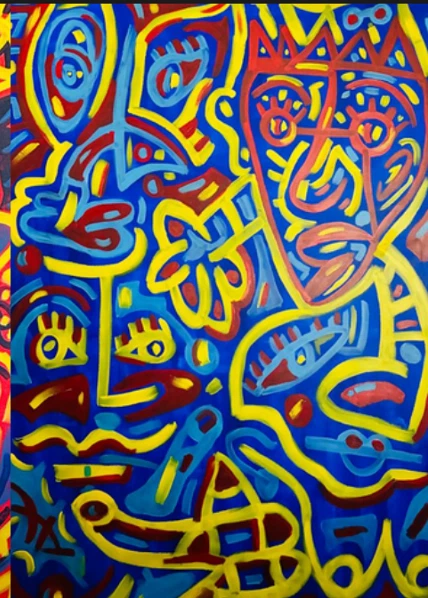 Rostros y ojos en líneas amarillas y celestes sobre fondo azul intenso, con una cara de contorno rojo y corona a la derecha. Venezuela 2. Acrílico sobre lienzo, 162 x 114 cm, 2025. Madrid. Nicolás Lapadula