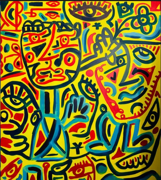Rostros y manos en líneas azul oscuro y celeste, con rojo, sobre un fondo amarillo liso, y un ojo con pestañas arriba. Venezuela 3. Acrílico sobre lienzo, 162 x 130 cm, 2025. Madrid. Nicolás Lapadula