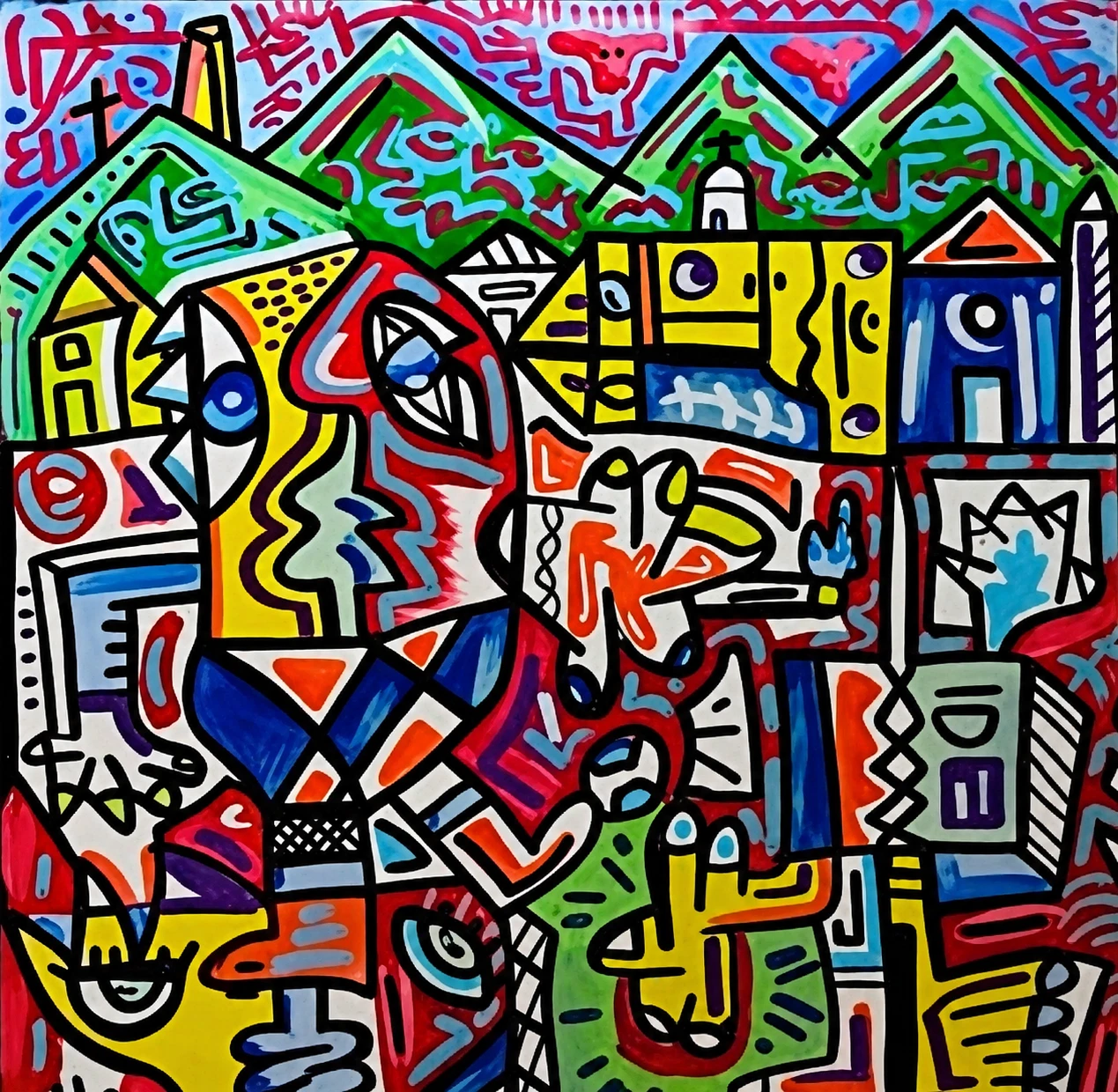 Casas con iglesias bajo montañas verdes, y en primer plano rostros y figuras geométricas en rojo, azul, amarillo y blanco, con contornos negros. Venezuela en sus mejores tiempos. Acrílico sobre lienzo, 61 x 61 cm, 2025. Panamá. Nicolás Lapadula